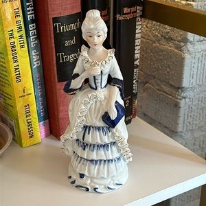 Blue and White Victorian Woman Porcelain Figurine Royal Crown Satis